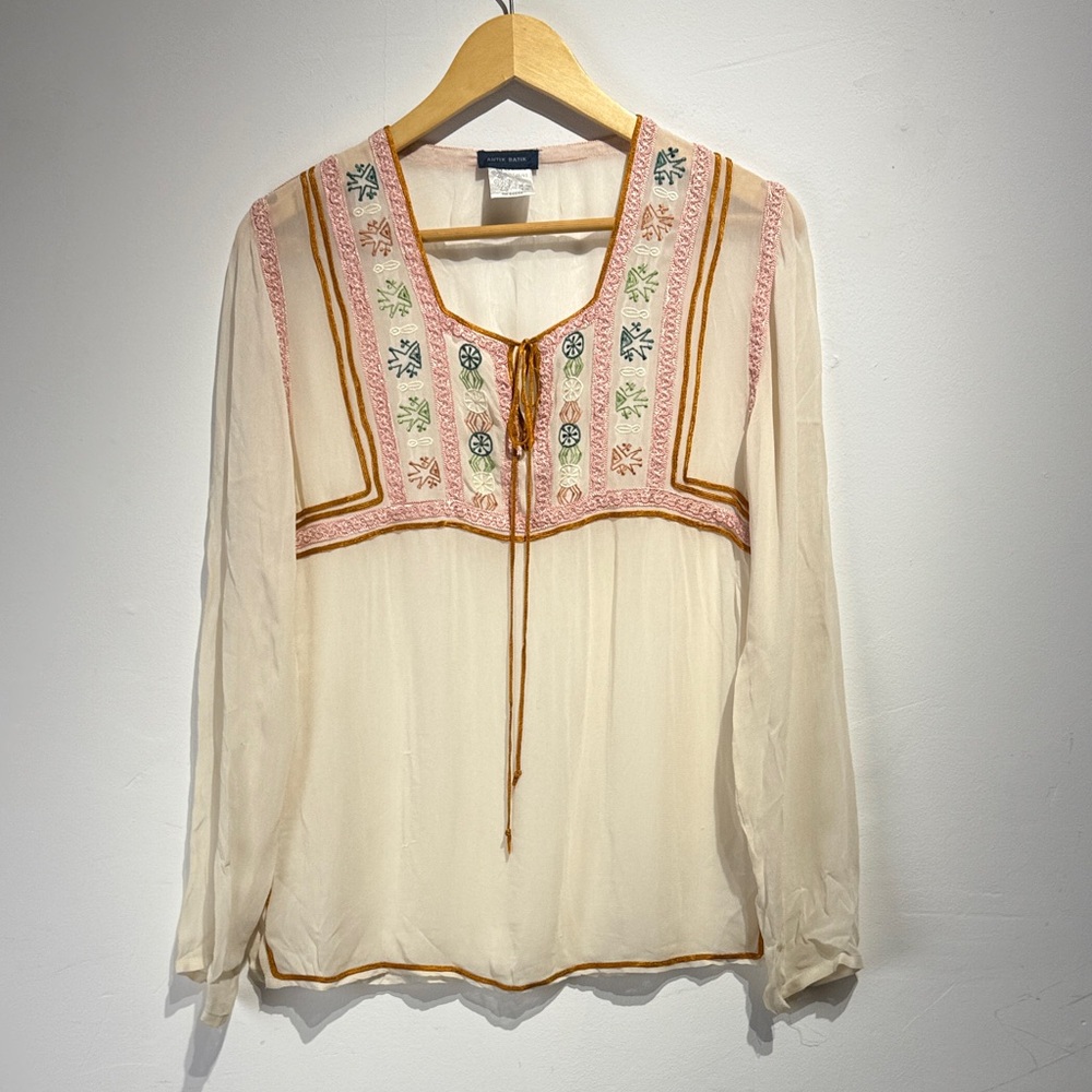 Antik Batik Cream Sheer Embroidered Peasant Blouse with Pink and Green Accents
